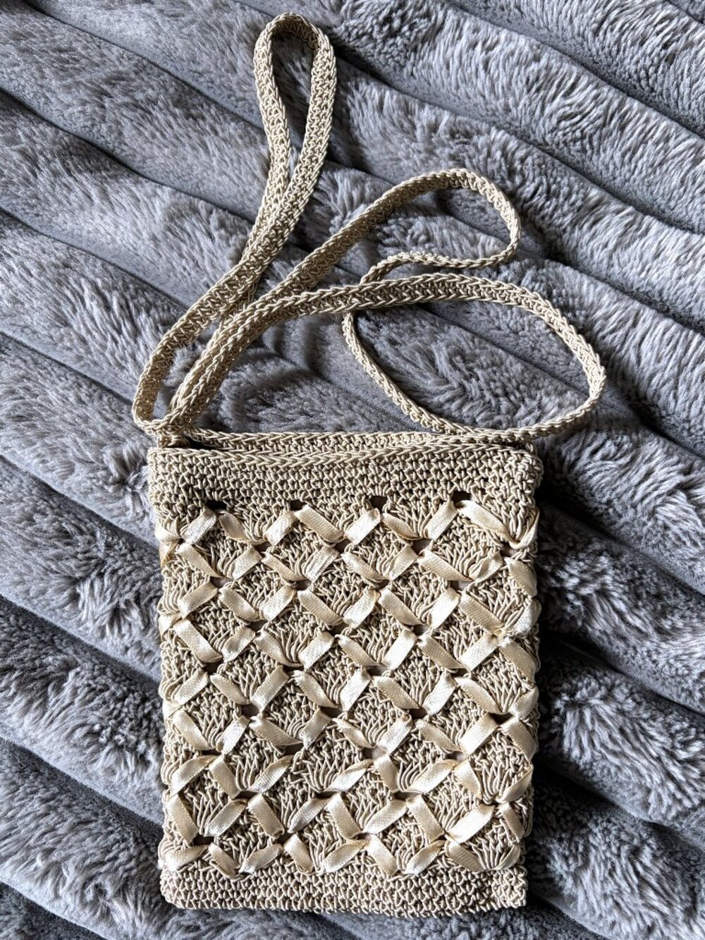 Boho crochet ribbon crossbody bag - fully lined neutral purse with zipper